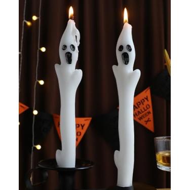 Imagem de Velas cônicas fantasmas brancas de 25,4 cm com castiçal decorativo para decoração de mesa de Halloween, conjunto de 2