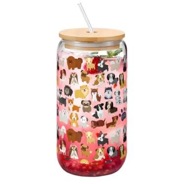 Imagem de Yipaidel Copo de vidro fofo para cães e filhotes de 473 ml, copo de café gelado com tampas de bambu e canudo, bebida em forma de lata de cerveja, presentes inspiradores de aniversário e Natal para mãe