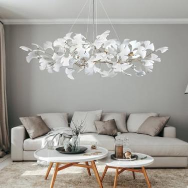 Imagem de GREMLBUK Lustre de ramo de árvore lustres de folha de ginkgo de cerâmica branca L47 polegadas Lustre retangular de latão grande luminária suspensa de luxo para sala de jantar, sala de estar, 6 luzes