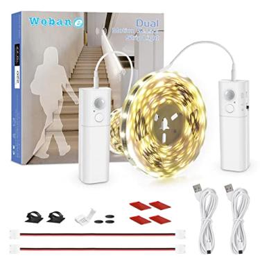 Imagem de WOBANE Faixa de luzes de escada com sensor de movimento duplo, iluminação de fita LED recarregável de 5 metros, fita de luz cortável de 150 LEDs para corredor, sob armário, prateleiras, seguro para