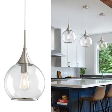 Imagem de HAHZT Luzes pendentes ilha da cozinha: luminária de níquel escovado casa de fazenda com vidro transparente - 25 cm meados do século globo luminárias de cozinha teto para corredor