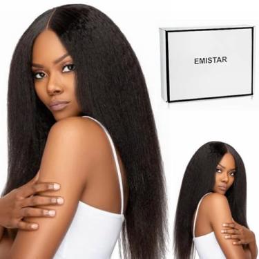Imagem de Emistar Peruca Afro Kinky Straight V Part Wig Natural Black & Soft Hair Blend Real Human Hair ¾ U Part Wig Wear And Go Glueless Half Wigs para mulheres negras Densidade 180% (Off Black, 20 polegadas)
