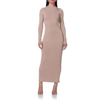 Imagem de AFRM Vestido feminino juniper gola redonda manga longa midi colado ao corpo, Cinza-acastanhado, M