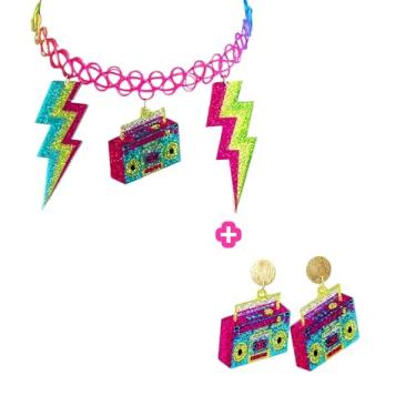 Imagem de Hupplle Acessórios femininos dos anos 80, 90, colar de acrílico neon retrô com cassete relâmpago, pingente de rádio, joia colorida para festa temática dos anos 80, standard, Acrílico, Sem Pedra