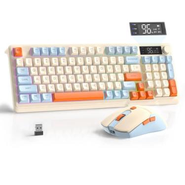 Imagem de FREEWOLF Pente de teclado e mouse para jogos sem fio com tela inteligente T96, iluminação LED de 94 teclas, teclado de membrana silencioso recarregável com botões, bateria de 2000 mAh, mouse 4KDPI de