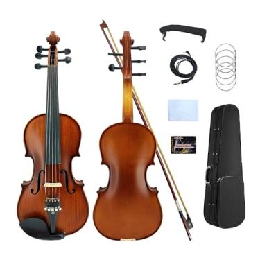 Imagem de ModouString Violino elétrico acústico tamanho 4/4, abeto de bordo sólido de 5 cordas com acessórios de ébano, estojo e arco grátis, kit iniciante para adultos e adolescentes (amarelo)
