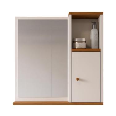 Imagem de Espelheira Suspensa Armário Aéreo de Parede para Banheiro Pequeno Apartamento Bancada Prateleira com Espelho 1 Porta e Nicho Organizador Deca Aqua Potenza (Offwhite/Freijó)