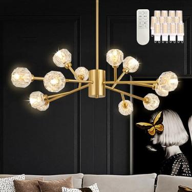 Imagem de Bagood Lustre Sputnik Dourado Com 12 Luzes, 35,5" De Cristal Moderno, Luminária Pendente Contemporânea Ramos Para Sala Jantar E Quarto (Lâmpada Regulável Controle Remoto Inclusos)