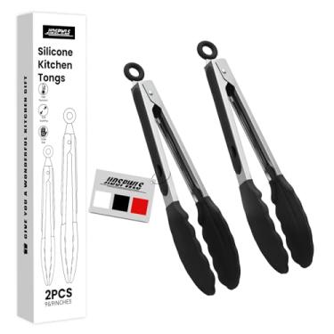 Imagem de JIDSPWLS Pinças de cozinha de aço inoxidável premium resistentes ao calor para cozinhar, conjunto de 23 cm e 23 cm (preto), ponta de pinça de silicone sem arranhões para panelas de cozinha, pinças de