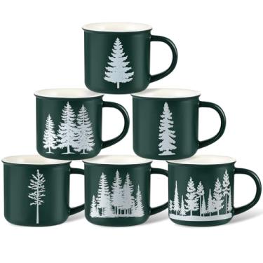 Imagem de Jinei 6 peças de caneca de café de Natal, conjunto de canecas de presente de Natal copos de cerâmica para campista natureza floresta fogueira chocolate quente (verde escuro)