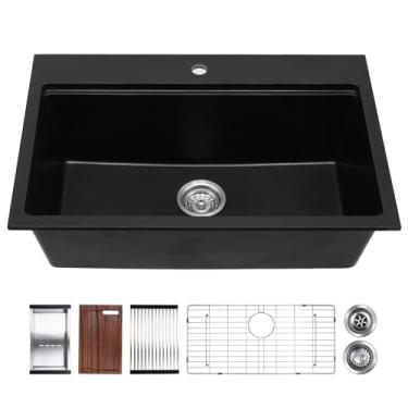 Imagem de Davivy Pia de cozinha composta de granito preto de 83 cm, pia de cozinha composta de quartzo 83 x 55 cm, pia de cozinha preta, compósito preto fosco para pia de cozinha