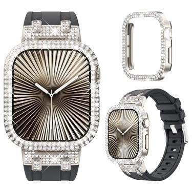 Imagem de NewWays Pulseira feminina de silicone para Apple Watch Série 11 10 de 46 mm, designer de luxo, diamantes brilhantes de 2 fileiras com adaptadores de metal para S11 S10, pulseiras iwatch