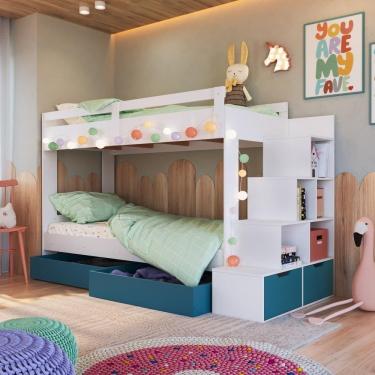 Imagem de Cama Beliche Infantil Bicama 2,32m Escada Nichos Gavetas Branco com Azul
