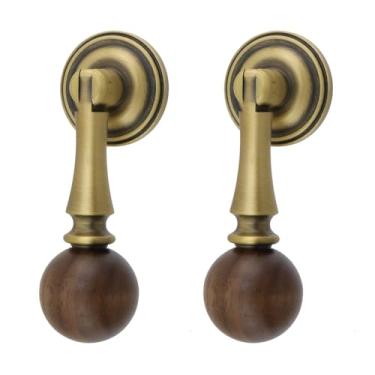 Imagem de Wealrit Puxadores de porta vintage para armário gaveta anel puxador de madeira e latão redondo puxador de gaveta 2 peças interior maçaneta de madeira guarda-roupa porta orifício único para móveis de