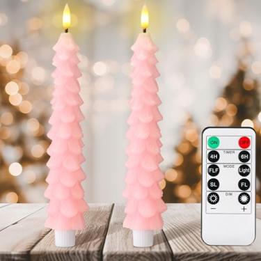 Imagem de Tujoe 2 peças de velas cônicas de árvore de Natal rosa sem chamas com controle remoto de LED de Natal, luzes elétricas operadas por bateria, chama cintilante 3D para decoração de mesa de festa de