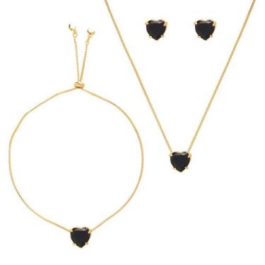 Imagem de Conjunto Coração Pedra Preta Folheado A Ouro 18k - Milena Joias
