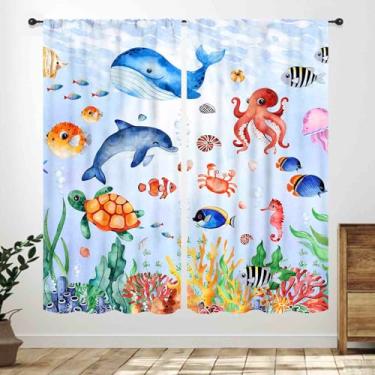 Imagem de Cortinas infantis de baleia, desenho animado fofo peixe do oceano tubarão subaquático peixe tropical coral colorido animal janela tratamentos para meninas meninos quarto de bebê sala de estar berçário