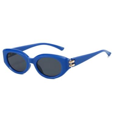 Imagem de Óculos de sol estilo olho de gato feminino, óculos de sol estilo retrô, pequeno, oval, vermelho, azul, masculino, para áreas externas (azul e cinza)