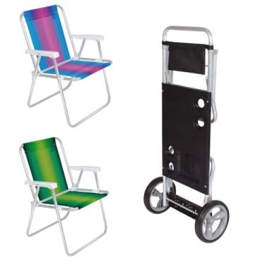 Imagem de Kit Carrinho De Praia Vira Mesa + 2 Cadeiras De Praia Aluminio Cores Sortidas