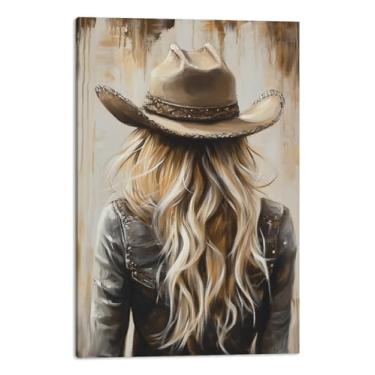 Imagem de MODOJOART Arte de parede em tela de vaqueira ocidental - Impressão vintage de menina country - Pintura de chapéu de vaqueira para decoração de quarto, sala de estar e banheiro (obra de arte - 03, 30,5