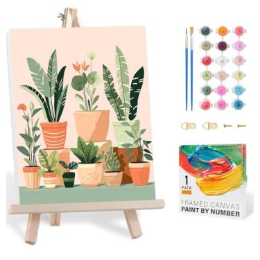 Imagem de Kit de pintura de plantas por números para adultos com cavalete de madeira com moldura, kits de pintura fácil por números em tela, pintura acrílica faça você mesmo por números para iniciantes