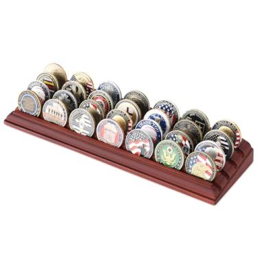 Imagem de LIUYALO 4 Rows Challenge Coin Display Holder for Desk Military Coin Display Stand Holds 32 Coins Military Challenge Coin Display Case Rack Solid Wood,Mahogany FinishQ