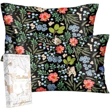 Imagem de Miss Adola Pacote com 2 fronhas de seda - tamanho padrão 50 x 66 cm fronha de almofada sedosa para cabelo e pele macia e estética com zíper para mulheres, flores de folha preta
