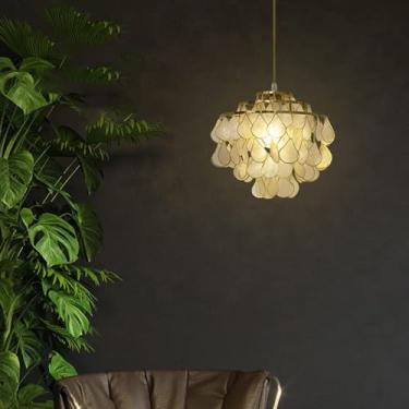 Imagem de Luminária pendente de luxo com LED, lustre de concha, iluminação compatível com parede de fundo de quarto, café, sinos de vento pendurados em linha longa, luminária de teto americana, decora