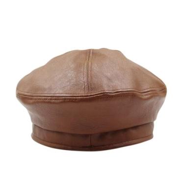 Imagem de Chapéu de boina MOSSTYUS feminino clássico de couro PU marrom