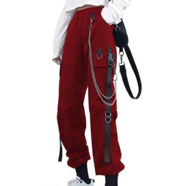 Imagem de Calças cargo Kisswow, cintura alta, folgada, punk, streetwear feminina