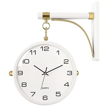 Imagem de WYUYIWH Relógio de parede para decoração de quarto relógio de parede de dois lados de madeira moderno relógio de parede de dois lados fácil de ler relógio de estação central movimento silencioso para