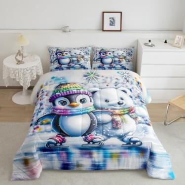 Imagem de Jogo de cama infantil adorável pinguim, urso polar, tamanho solteiro, animais patinadores engraçados, conjunto de edredom para adultos, floco de neve de inverno, 1 fronha
