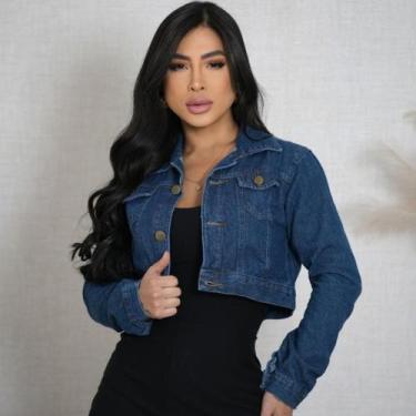 Imagem de Jaqueta Cropped Feminina Jeans Clássica com Barra e Botão de Ferro - S
