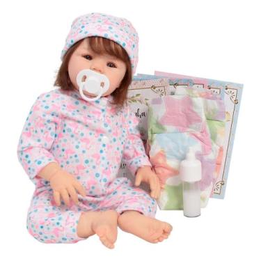 Imagem de Boneca Bebê Reborn Realista Cabelo Fio a Fio Pijama Flamingo - Cegonha