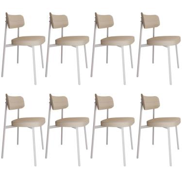 Imagem de Kit 08 Cadeiras Estofada Para Sala de Jantar Astrid Branco C01 Linho Areia - Lyam Decor