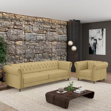 Imagem de Conjunto Sala de Estar 1 Sofá Living 180cm e 1 Poltrona Stanford Chesterfield Pés Madeira Couro Bege G58 - Gran Belo