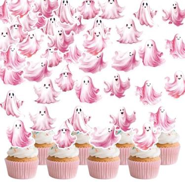 Imagem de Foowztao 72Pcs Edible Ghost Cupcake Toppers Halloween Wafer Paper Ghost Cupcake Toppers Picks Baby Shower Cake Decorations for Halloween Birthday Party Decorations
