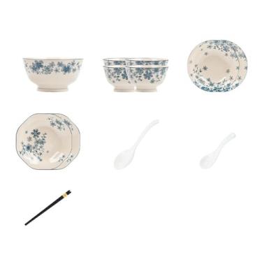 Imagem de Pratos de flores de porcelana azul e branca sob o esmalte requintados de alta temperatura para uso doméstico - 18 peças para 4 pessoas com tigelas de sopa [caixa]