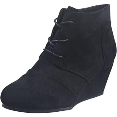 Imagem de Botas femininas de camurça para neve com salto anabela, botas quentes para o ar livre, botas curtas com cadarço, Preto, 8.5