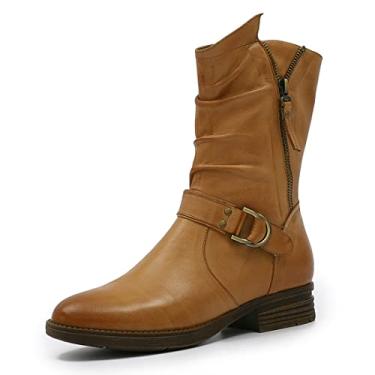 Imagem de Mona flying Botas femininas de couro genuíno franzido, cano médio, zíper lateral duplo, bico redondo, fivela e tira, Marrom - 22, 8.5