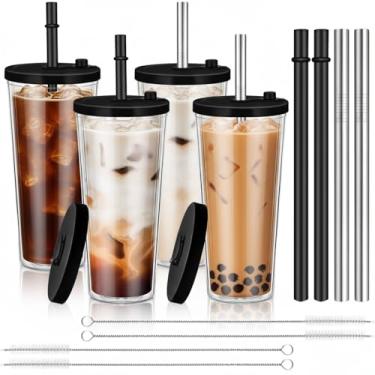 Imagem de Honeydak 4 conjuntos de copos de café gelado reutilizáveis de 680 g com tampas e canudos à prova de vazamento de parede dupla isolados copos de café gelado de plástico transparente com escovas de