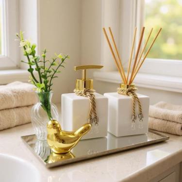 Imagem de Kit Lavabo Luxo Banheiro Saboneteira e Difusor Com Bandeja - Vidro Cub