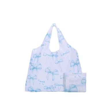 Imagem de Bolsa de compras dobrável, porta-colete de poliéster portátil de grande capacidade, saco de armazenamento reutilizável dobrável, Azul