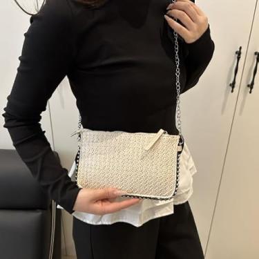 Imagem de Bolsa de praia de palha para mulheres, bolsa de palha de tecido de verão, bolsas de ombro fofas, bolsas transversais para mulheres, bolsa branca, Branco, Small, Bolsa de palha