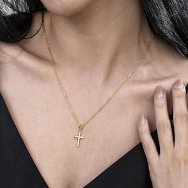 Imagem de Colar minimalista com pingente de cruz com pingente de strass, joia cristã de aço inoxidável presente para mulheres, 14+2 Inches, Aço inoxidável, Sem Pedra Preciosa