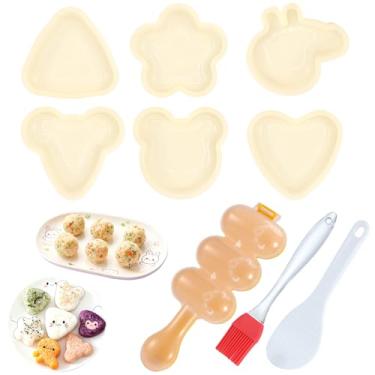 Imagem de GCRQ Molde Onigiri, 9 peças de molde de bola de arroz kit de fazer sushi molde de arroz triangular com raquete de arroz e pincel para almoço bento e iniciantes (bege)