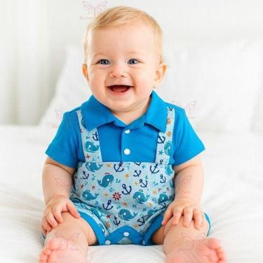 Imagem de Macacão Curto Bebe Menino Jardineira Com Gola Estampado RN a 03 Meses 