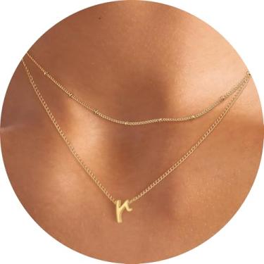 Imagem de Colar feminino com inicial em camadas, pingente de letra A-Z, gargantilha de corrente dupla, joias delicadas em camadas, estilo minimalista, 14+2in/16+2in, Aço inoxidável, Sem Pedra Preciosa