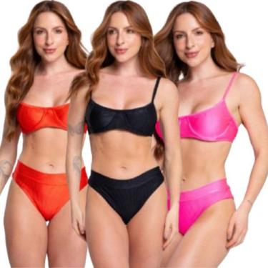 Imagem de KIT 3 Biquini Meia Taça Canelado Básica WLS Modas Top Faixa Amarração 