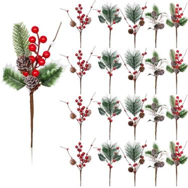 Imagem de 20 peças de pinhas vermelhas para artesanato, ramos de pinheiro artificiais perenes, caule de azevinho, palitos de árvore de Natal e sprays de flores artificiais para decoração de mesa de casamento de